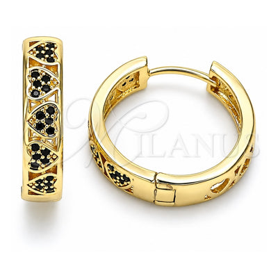 Oro Laminado Huggie Hoop, Gold Filled Style Heart Design, with Black Micro Pave, Polished, Golden Finish, 02.210.0518.3.20