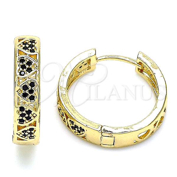 Gold Filled Hoop Earrings — Huggie Hoop Heart Design with Black Micro Pave — main product view — SKU 143297 | Oro Laminado aretes de aro — Huggie Hoop corazón diseño with negro Micro Pave — SKU 143297