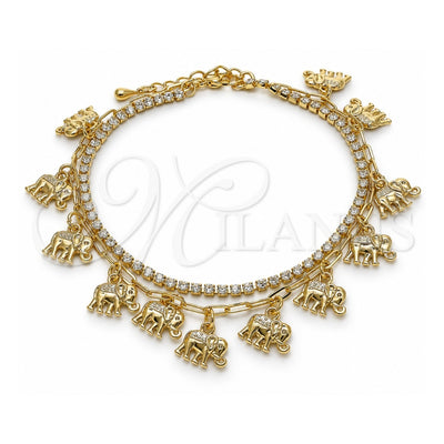 Oro Laminado Charm Anklet , Gold Filled Style Elephant and Paperclip Design, with White Crystal, Polished, Golden Finish, 03.372.0008.10 (03 MM Thickness, 10 Inches Length)