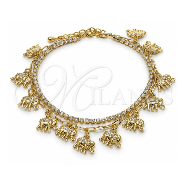 Oro Laminado Charm Anklet , Gold Filled Style Elephant and Paperclip Design, with White Crystal, Polished, Golden Finish, 03.372.0008.10 (03 MM Thickness, 10 Inches Length)