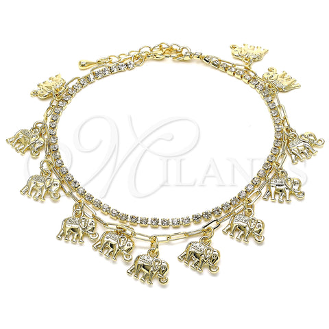 Oro Laminado Charm Anklet , Gold Filled Style Elephant and Paperclip Design, with White Crystal, Polished, Golden Finish, 03.372.0008.10 (03 MM Thickness, 10 Inches Length)