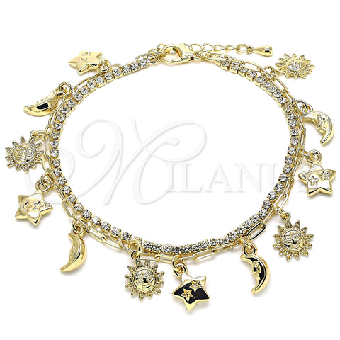 Oro Laminado Charm Anklet , Gold Filled Style Sun and Moon Design, with White Crystal, Polished, Golden Finish, 03.372.0010.10 (03 MM Thickness, 10 Inches Length)