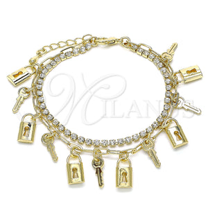 Gold Filled Bracelet — Charm Bracelet key and Lock Design with White — main product view — SKU 143317 | Oro Laminado brazalete — Charm Bracelet key and Lock diseño with blanco — SKU 143317
