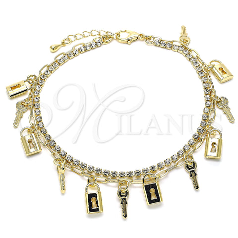Oro Laminado Charm Anklet , Gold Filled Style key and Lock Design, with White Crystal, Polished, Golden Finish, 03.372.0011.10 (03 MM Thickness, 10 Inches Length)