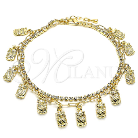 Oro Laminado Charm Anklet , Gold Filled Style Owl and Paperclip Design, with White Crystal, Polished, Golden Finish, 03.372.0013.10 (03 MM Thickness, 10 Inches Length)