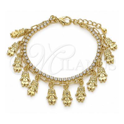 Oro Laminado Charm Bracelet, Gold Filled Style Little Girl and Paperclip Design, with White Crystal, Polished, Golden Finish, 03.372.0016.08 (03 MM Thickness, 8 Inches Length)