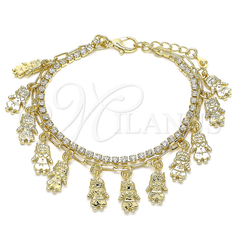 Oro Laminado Charm Bracelet, Gold Filled Style Little Girl and Paperclip Design, with White Crystal, Polished, Golden Finish, 03.372.0016.08 (03 MM Thickness, 8 Inches Length)