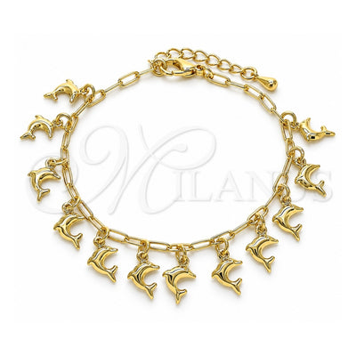 Oro Laminado Charm Bracelet, Gold Filled Style Dolphin and Paperclip Design, Polished, Golden Finish, 03.372.0017.08 (03 MM Thickness, 8 Inches Length)