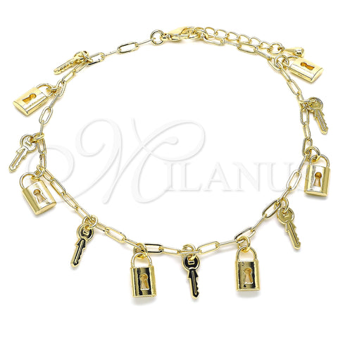 Oro Laminado Charm Anklet , Gold Filled Style key and Lock Design, Polished, Golden Finish, 03.372.0021.10 (03 MM Thickness, 10 Inches Length)