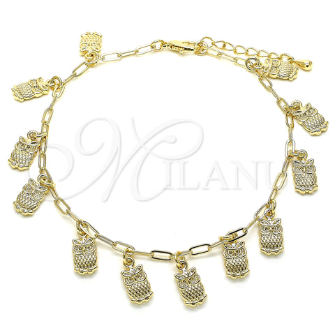 Oro Laminado Charm Anklet , Gold Filled Style Owl and Paperclip Design, Polished, Golden Finish, 03.372.0022.10 (03 MM Thickness, 10 Inches Length)