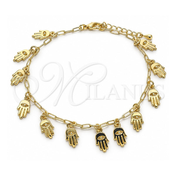 Oro Laminado Charm Anklet , Gold Filled Style Hand of God and Paperclip Design, Polished, Golden Finish, 03.372.0024.10 (03 MM Thickness, 10 Inches Length)