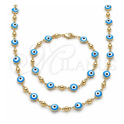 Oro Laminado Necklace and Bracelet, Gold Filled Style Evil Eye Design, Turquoise Enamel Finish, Golden Finish, 06.213.0008.3