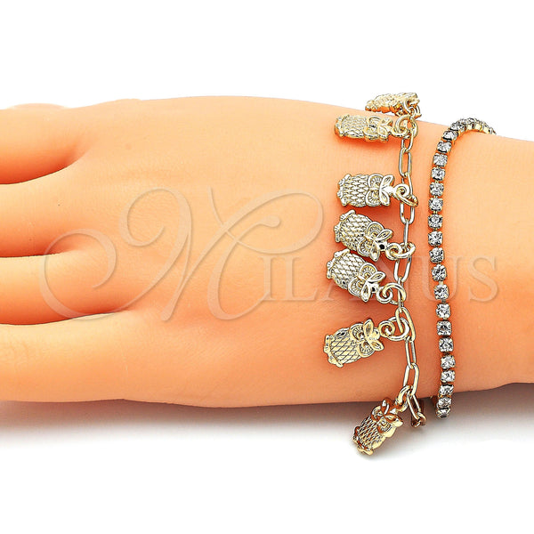 Gold Filled Bracelet — Charm Bracelet Owl and Paperclip Design with White — alternate product view — SKU 143352 | Oro Laminado brazalete — Charm Bracelet Owl and Paperclip diseño with blanco — SKU 143352