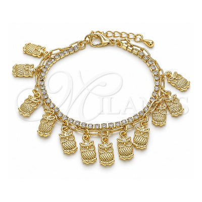 Oro Laminado Charm Bracelet, Gold Filled Style Owl and Paperclip Design, with White Crystal, Polished, Golden Finish, 03.372.0013.08 (03 MM Thickness, 8 Inches Length)