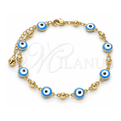 Oro Laminado Fancy Anklet, Gold Filled Style Evil Eye Design, Turquoise Enamel Finish, Golden Finish, 03.213.0018.4.10 (08 MM Thickness, 10 Inches Length)