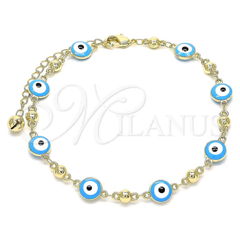 Oro Laminado Fancy Anklet, Gold Filled Style Evil Eye Design, Turquoise Enamel Finish, Golden Finish, 03.213.0018.4.10 (08 MM Thickness, 10 Inches Length)