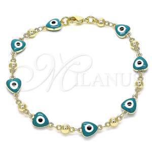 Gold Filled Bracelet — Fancy Bracelet Evil Eye and Heart Design Green — main product view — SKU 143355 | Oro Laminado brazalete — elegante Bracelet Evil Eye and corazón diseño Green — SKU 143355