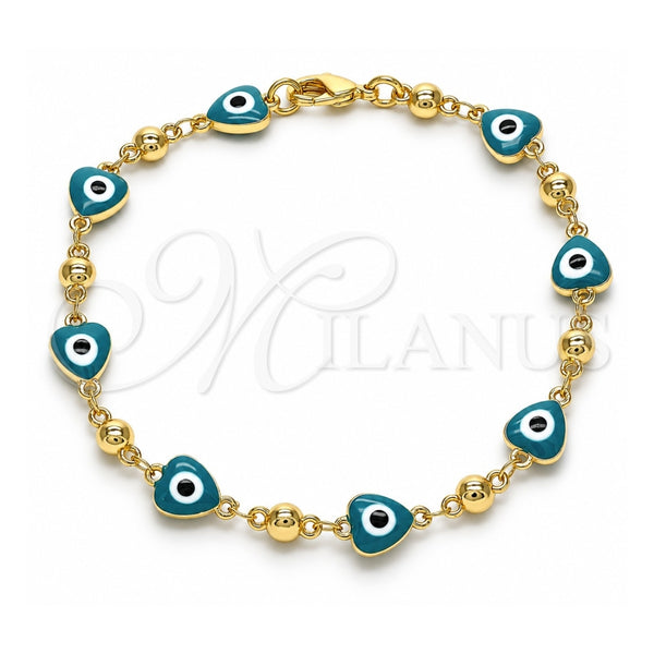 Oro Laminado Fancy Bracelet, Gold Filled Style Evil Eye and Heart Design, Green Enamel Finish, Golden Finish, 03.213.0037.5.08 (08 MM Thickness, 8 Inches Length)