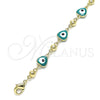 Oro Laminado Fancy Anklet, Gold Filled Style Evil Eye and Heart Design, Green Enamel Finish, Golden Finish, 03.213.0037.5.10 (08 MM Thickness, 10 Inches Length)