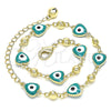 Oro Laminado Fancy Anklet, Gold Filled Style Evil Eye and Heart Design, Green Enamel Finish, Golden Finish, 03.213.0037.5.10 (08 MM Thickness, 10 Inches Length)