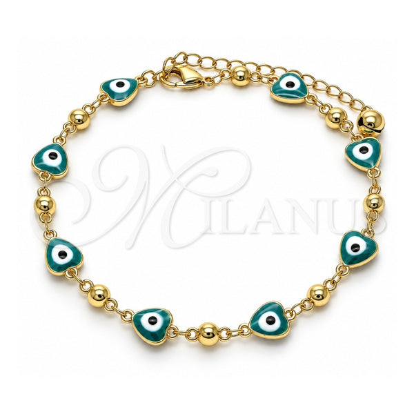 Oro Laminado Fancy Anklet, Gold Filled Style Evil Eye and Heart Design, Green Enamel Finish, Golden Finish, 03.213.0037.5.10 (08 MM Thickness, 10 Inches Length)
