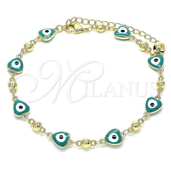 Oro Laminado Fancy Anklet, Gold Filled Style Evil Eye and Heart Design, Green Enamel Finish, Golden Finish, 03.213.0037.5.10 (08 MM Thickness, 10 Inches Length)
