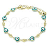Oro Laminado Fancy Anklet, Gold Filled Style Evil Eye and Heart Design, Green Enamel Finish, Golden Finish, 03.213.0037.5.10 (08 MM Thickness, 10 Inches Length)