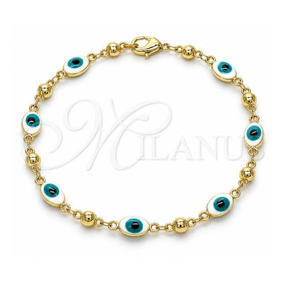 Oro Laminado Fancy Bracelet, Gold Filled Style Evil Eye Design, White Enamel Finish, Golden Finish, 03.213.0033.4.08 (06 MM Thickness, 8 Inches Length)