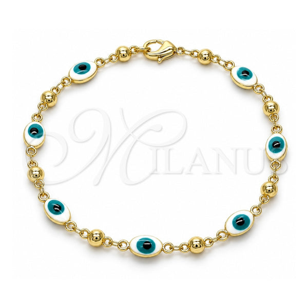 Oro Laminado Fancy Bracelet, Gold Filled Style Evil Eye Design, White Enamel Finish, Golden Finish, 03.213.0033.4.08 (06 MM Thickness, 8 Inches Length)