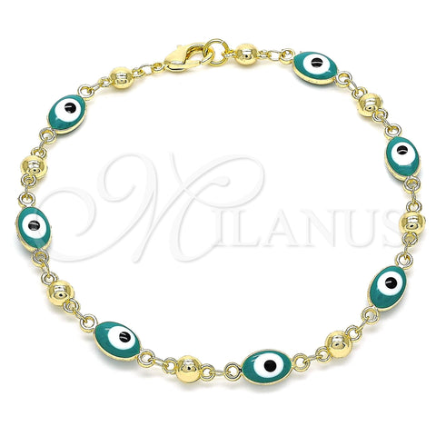 Oro Laminado Fancy Bracelet, Gold Filled Style Evil Eye Design, Green Enamel Finish, Golden Finish, 03.213.0033.5.08 (06 MM Thickness, 8 Inches Length)