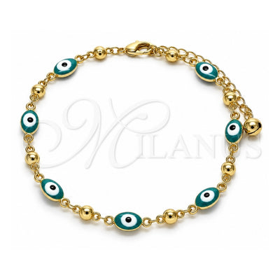 Oro Laminado Fancy Anklet, Gold Filled Style Evil Eye Design, Green Enamel Finish, Golden Finish, 03.213.0033.5.10 (06 MM Thickness, 10 Inches Length)