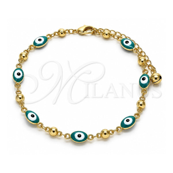 Oro Laminado Fancy Anklet, Gold Filled Style Evil Eye Design, Green Enamel Finish, Golden Finish, 03.213.0033.5.10 (06 MM Thickness, 10 Inches Length)