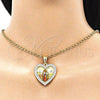Oro Laminado Religious Pendant, Gold Filled Style Guadalupe and Heart Design, with White Cubic Zirconia, Polished, Golden Finish, 05.253.0123