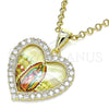 Oro Laminado Religious Pendant, Gold Filled Style Guadalupe and Heart Design, with White Cubic Zirconia, Polished, Golden Finish, 05.253.0123