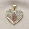Oro Laminado Religious Pendant, Gold Filled Style Guadalupe and Heart Design, with White Cubic Zirconia, Polished, Golden Finish, 05.253.0123