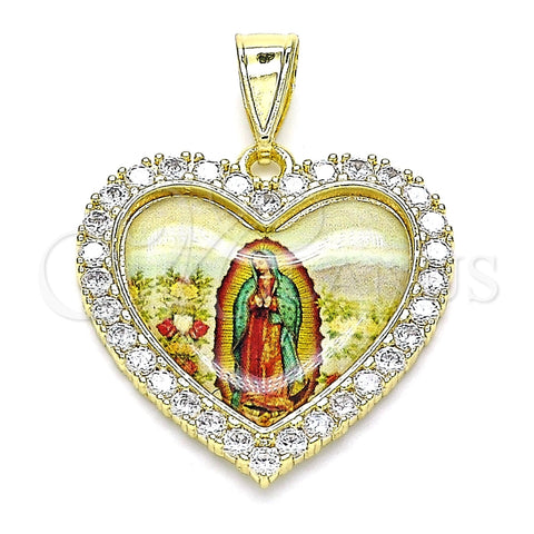 Oro Laminado Religious Pendant, Gold Filled Style Guadalupe and Heart Design, with White Cubic Zirconia, Polished, Golden Finish, 05.253.0123