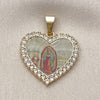 Oro Laminado Religious Pendant, Gold Filled Style Guadalupe and Heart Design, with White Cubic Zirconia, Polished, Golden Finish, 05.253.0123