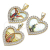 Oro Laminado Religious Pendant, Gold Filled Style Guadalupe and Heart Design, with White Cubic Zirconia, Polished, Golden Finish, 05.253.0123