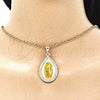 Oro Laminado Religious Pendant, Gold Filled Style Guadalupe and Teardrop Design, with White Cubic Zirconia, Polished, Golden Finish, 05.253.0125