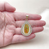 Oro Laminado Religious Pendant, Gold Filled Style Guadalupe and Teardrop Design, with White Cubic Zirconia, Polished, Golden Finish, 05.253.0125
