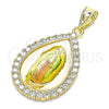 Oro Laminado Religious Pendant, Gold Filled Style Guadalupe and Teardrop Design, with White Cubic Zirconia, Polished, Golden Finish, 05.253.0125