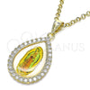 Oro Laminado Religious Pendant, Gold Filled Style Guadalupe and Teardrop Design, with White Cubic Zirconia, Polished, Golden Finish, 05.253.0125