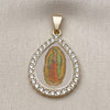 Oro Laminado Religious Pendant, Gold Filled Style Guadalupe and Teardrop Design, with White Cubic Zirconia, Polished, Golden Finish, 05.253.0125