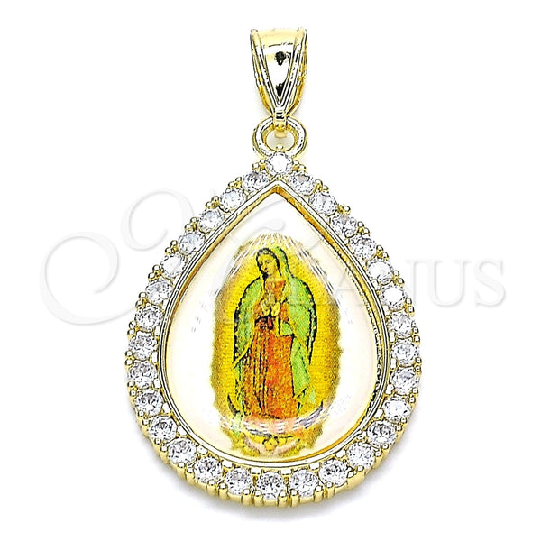 Oro Laminado Religious Pendant, Gold Filled Style Guadalupe and Teardrop Design, with White Cubic Zirconia, Polished, Golden Finish, 05.253.0125
