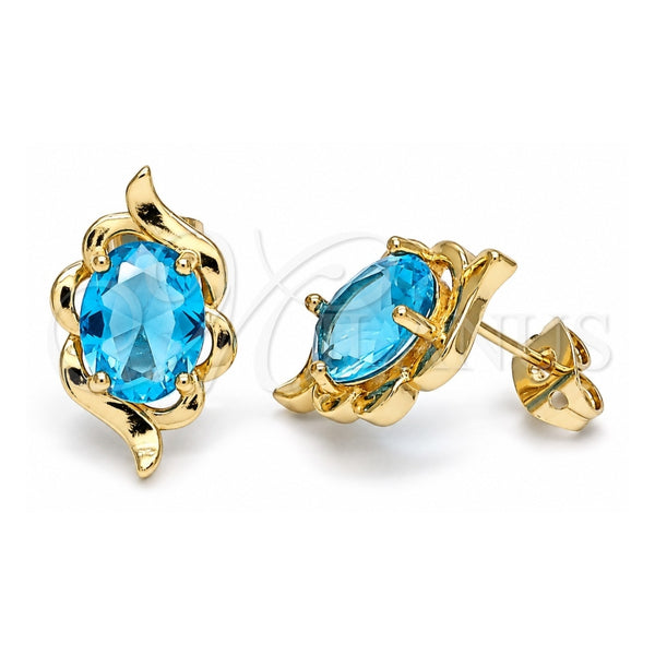 Oro Laminado Stud Earring, Gold Filled Style with Blue Topaz Cubic Zirconia, Polished, Golden Finish, 02.213.0233