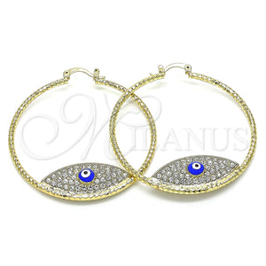 Gold Filled Hoop Earrings — Large Hoop Evil Eye Design with White Crystal — main product view — SKU 143402 | Oro Laminado aretes de aro — Large Hoop Evil Eye diseño with cristal blanco — SKU 143402