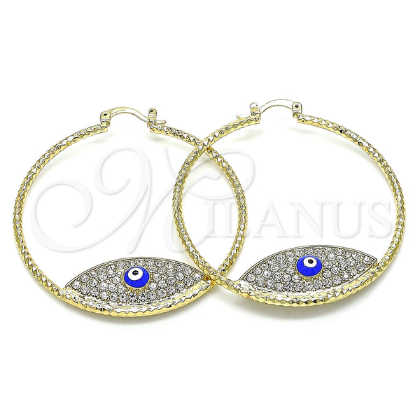 Gold Filled Hoop Earrings — Large Hoop Evil Eye Design with White Crystal — main product view — SKU 143402 | Oro Laminado aretes de aro — Large Hoop Evil Eye diseño with cristal blanco — SKU 143402