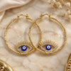Oro Laminado Large Hoop, Gold Filled Style Evil Eye Design, with White Crystal, Blue Enamel Finish, Golden Finish, 02.380.0077.50