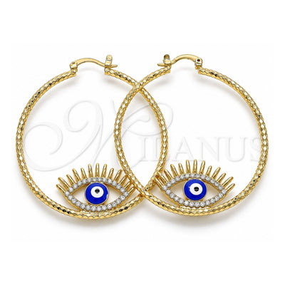 Oro Laminado Large Hoop, Gold Filled Style Evil Eye Design, with White Crystal, Blue Enamel Finish, Golden Finish, 02.380.0077.50