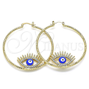 Gold Filled Hoop Earrings — Large Hoop Evil Eye Design with White Crystal — main product view — SKU 143407 | Oro Laminado aretes de aro — Large Hoop Evil Eye diseño with cristal blanco — SKU 143407
